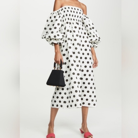 Sleeper Atlanta Dress- Polka Dot Off-Shoulder Balloon Sleeve - Black and White - Picture 1 of 2